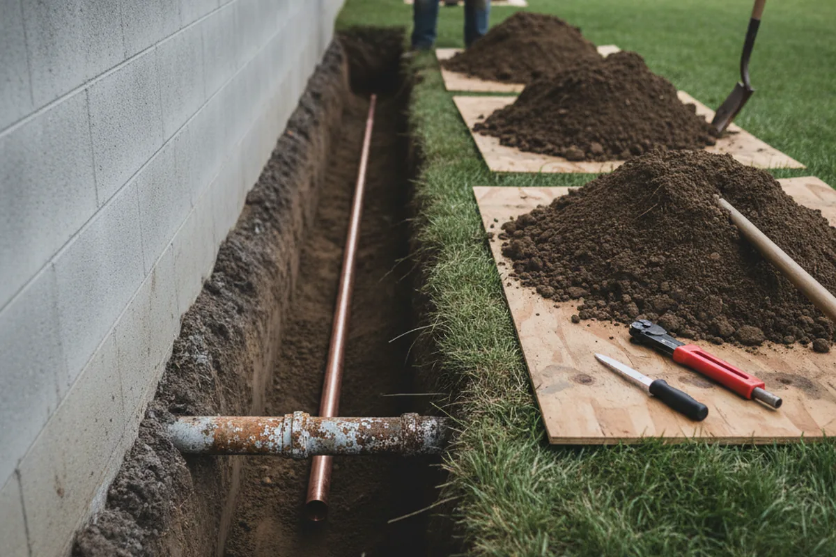 Excavated water line trench during Water Heater Repair in Otisville
